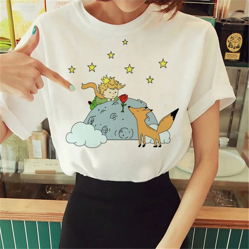 Cartoon T-shirt Anime Printed Pattern Women's T-shirt Rose Pattern Women's T-shirt Round Neck Short Sleeve