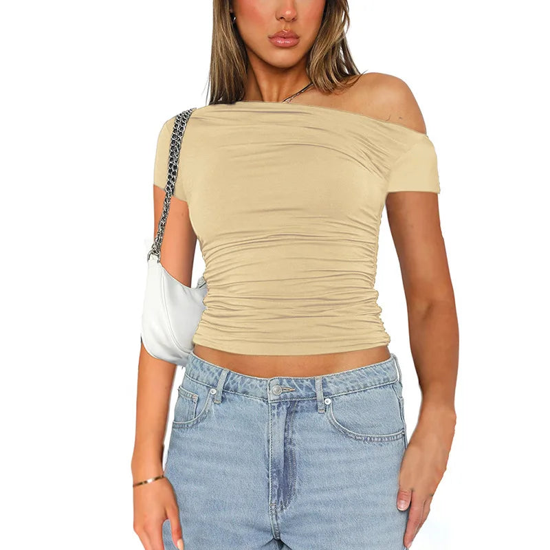 Solid Color High Elasticity Fabric Slash Shoulder Short Sleeve Pleated Navel Reveal Top for Women Casual Shrinkage Top