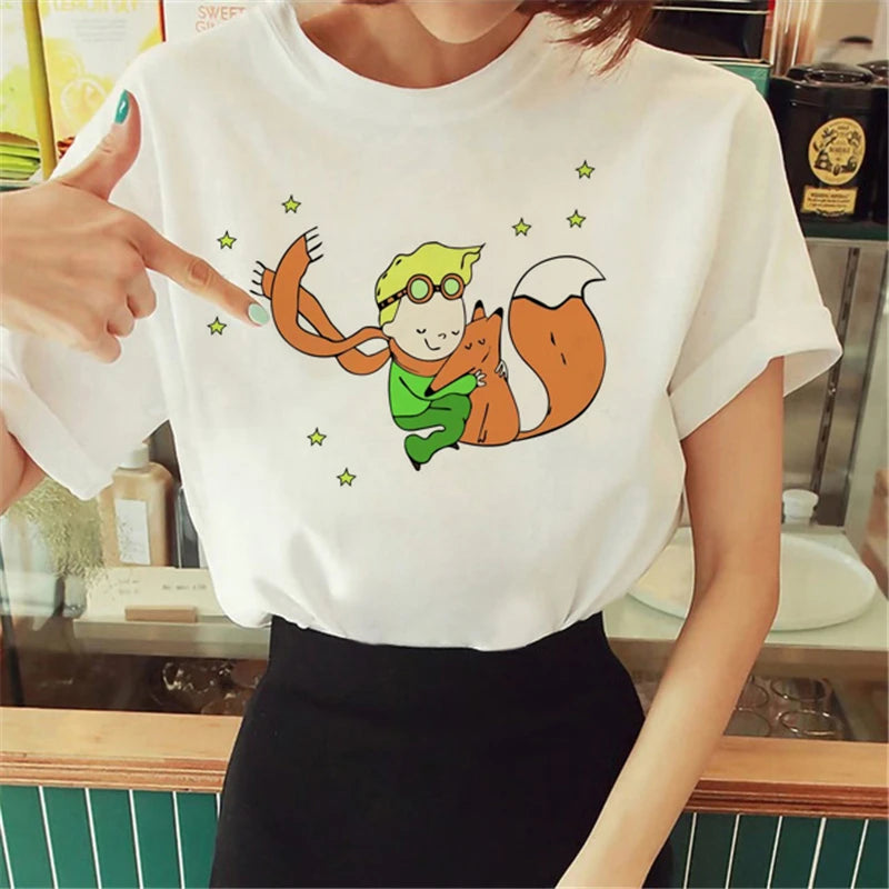 Cartoon T-shirt Anime Printed Pattern Women's T-shirt Rose Pattern Women's T-shirt Round Neck Short Sleeve