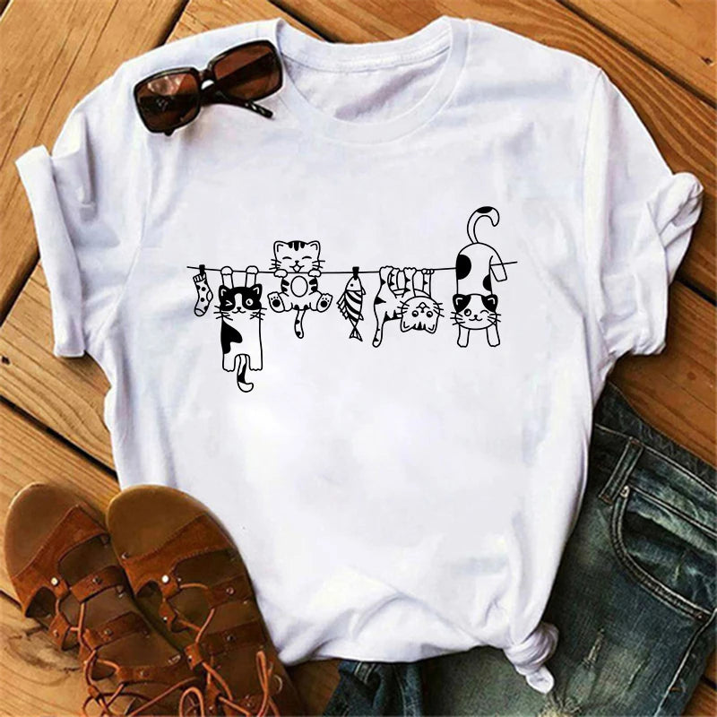 Anima 90s Manga Climb Cute Cat Design Print T-shirt Short Sleeve Crew Neck Women's Clothing Top Tee