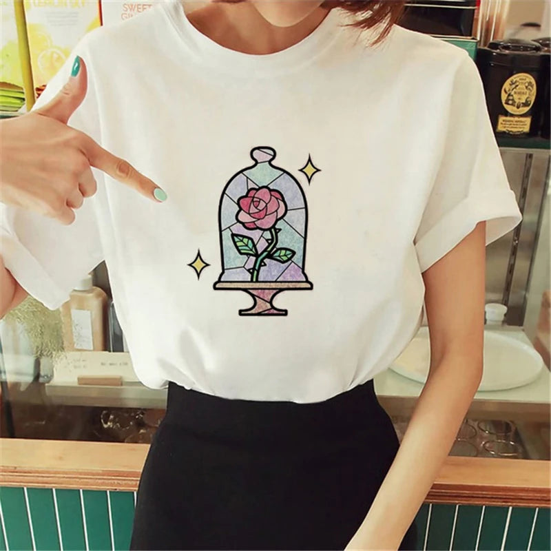 Cartoon T-shirt Anime Printed Pattern Women's T-shirt Rose Pattern Women's T-shirt Round Neck Short Sleeve