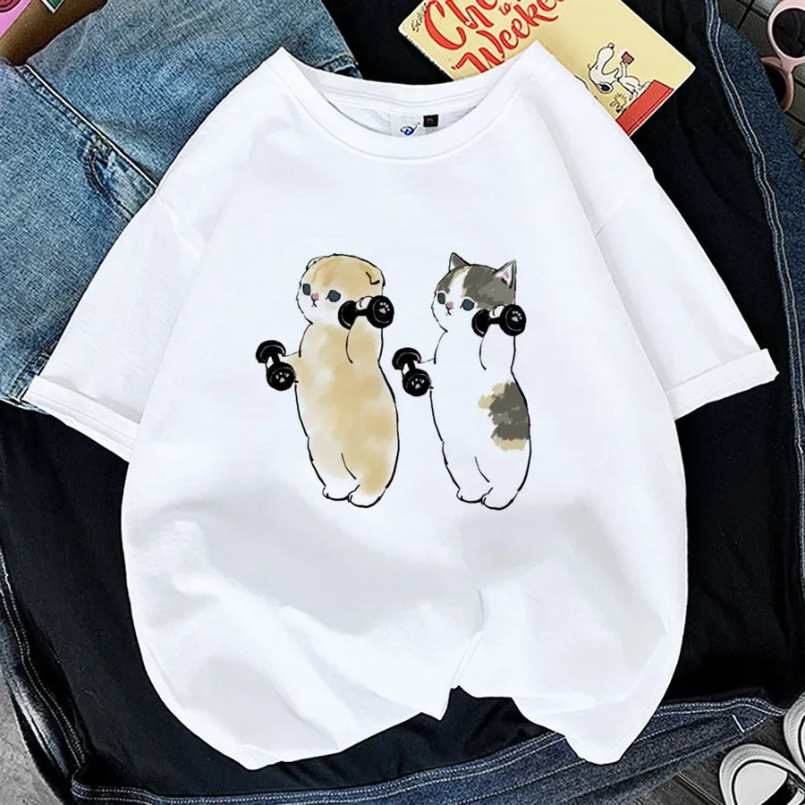 Tops Woman 2024 T Shirt Kawaii Cat Shark Print T-shirt Summer Korean Harajuku Fashion Short Sleeve Tee Funny Animal Graphic Tee