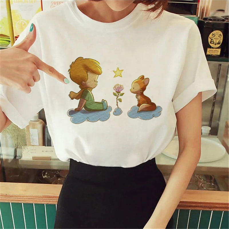 Cartoon T-shirt Anime Printed Pattern Women's T-shirt Rose Pattern Women's T-shirt Round Neck Short Sleeve