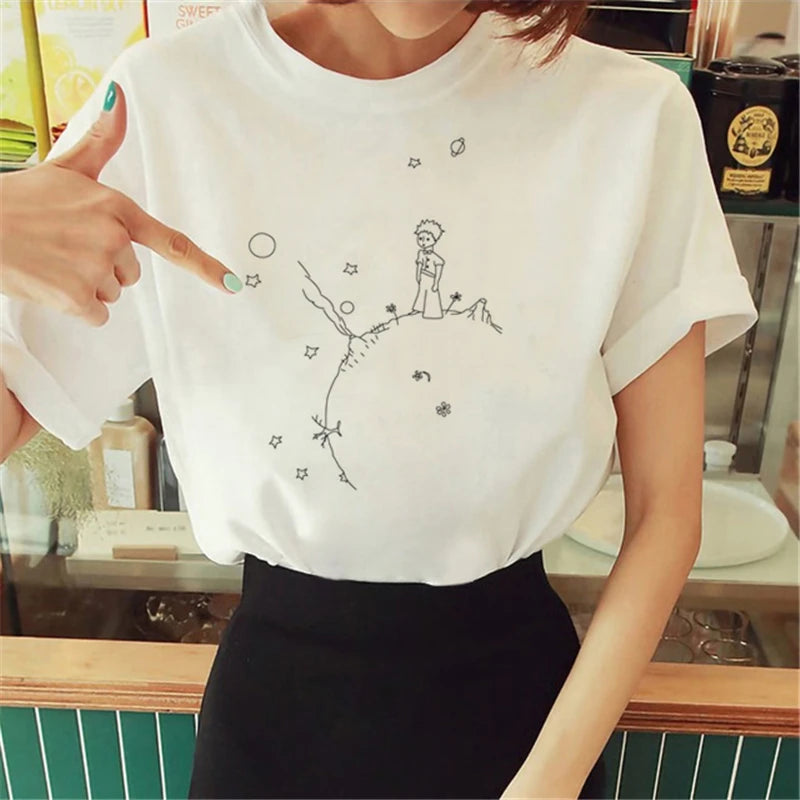 Cartoon T-shirt Anime Printed Pattern Women's T-shirt Rose Pattern Women's T-shirt Round Neck Short Sleeve