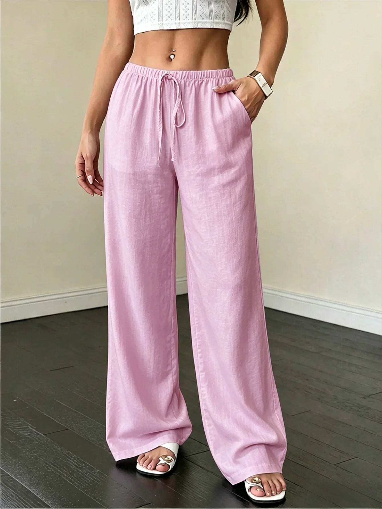 Women Summer Linen Wide Leg Pants Drawstring Elastic Waist Trousers, Casual Vacation Summer Clothing Women Trendy Outfit Bottoms