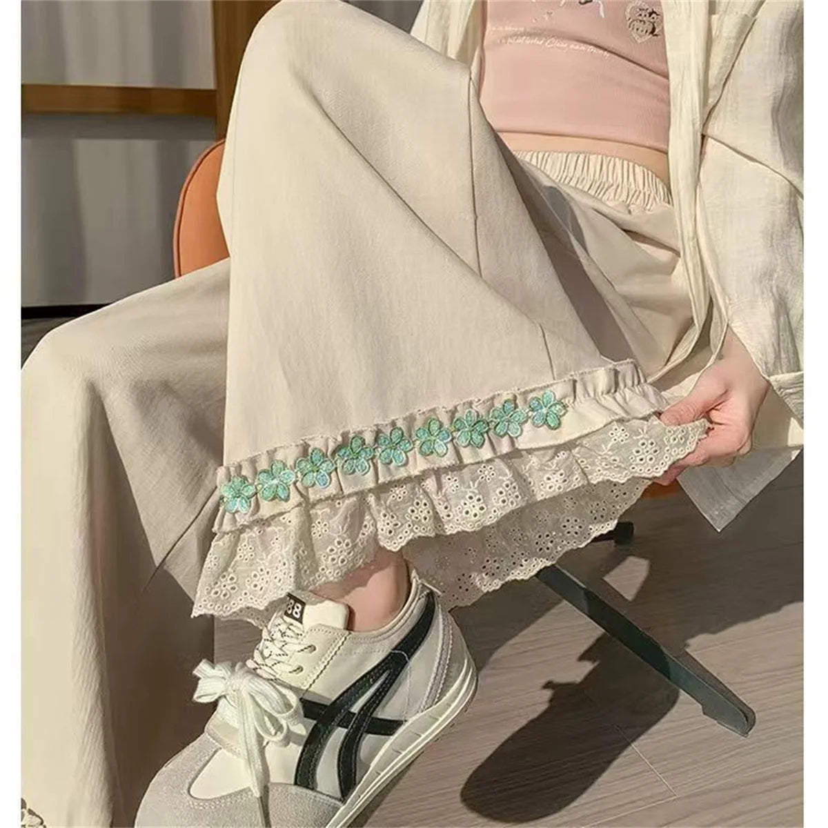 Korean New Fashion Summer Women Trousers Layered Lace Patchwork Elastic Waist Loose Soft Ruffle Ankle-Length Pants Cute