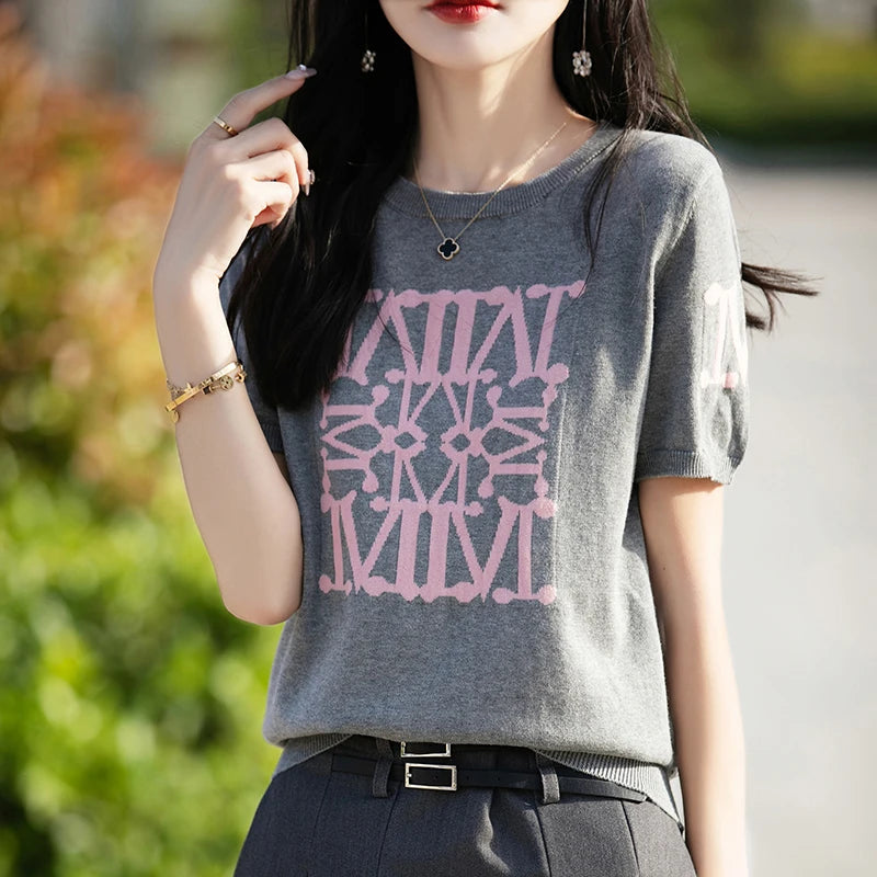 Women's T-shirt Summer New 100% Cotton Sweater Short Sleeve Knitted Embroidered Round Neck Women's Top Loose Fashion Pullover