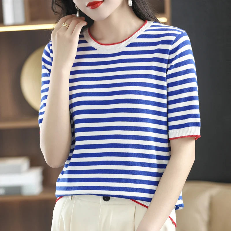 Summer New 100% Cotton Knitted Short-Sleeved Women's Round Neck Color Matching Printed T-Shirt Loose Plus Size Half Sleeve Top