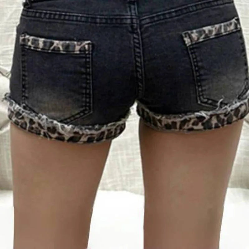 Harajuku Vintage Denim Y2K Shorts Women Grunge Coquette Low Rise Skinny jean Shorts Woman Sexy Leopard Print Mini Short Pants