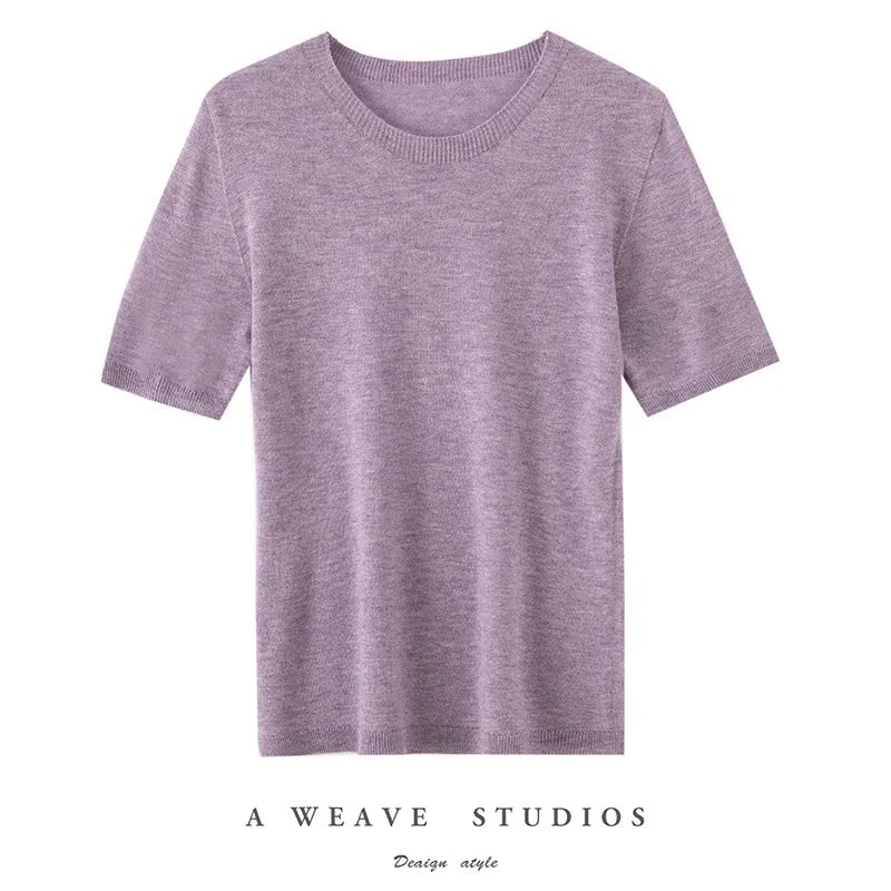 Summer New Short-Sleeved Round Neck Knitting Sweater Women's Ice Silk Thin Casual Wool T-Shirt Loose Temperament Top