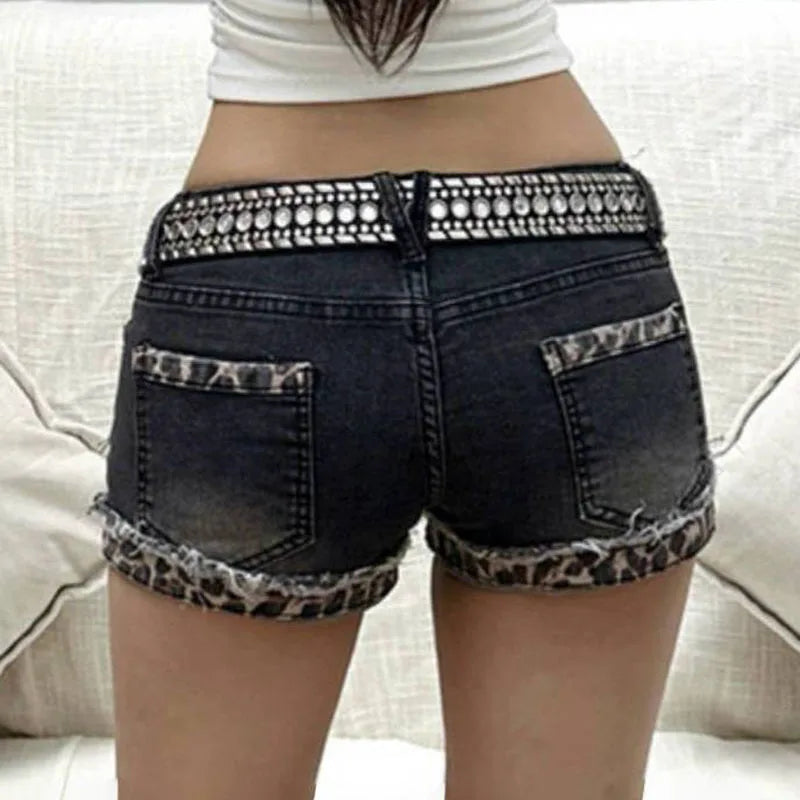 Harajuku Vintage Denim Y2K Shorts Women Grunge Coquette Low Rise Skinny jean Shorts Woman Sexy Leopard Print Mini Short Pants
