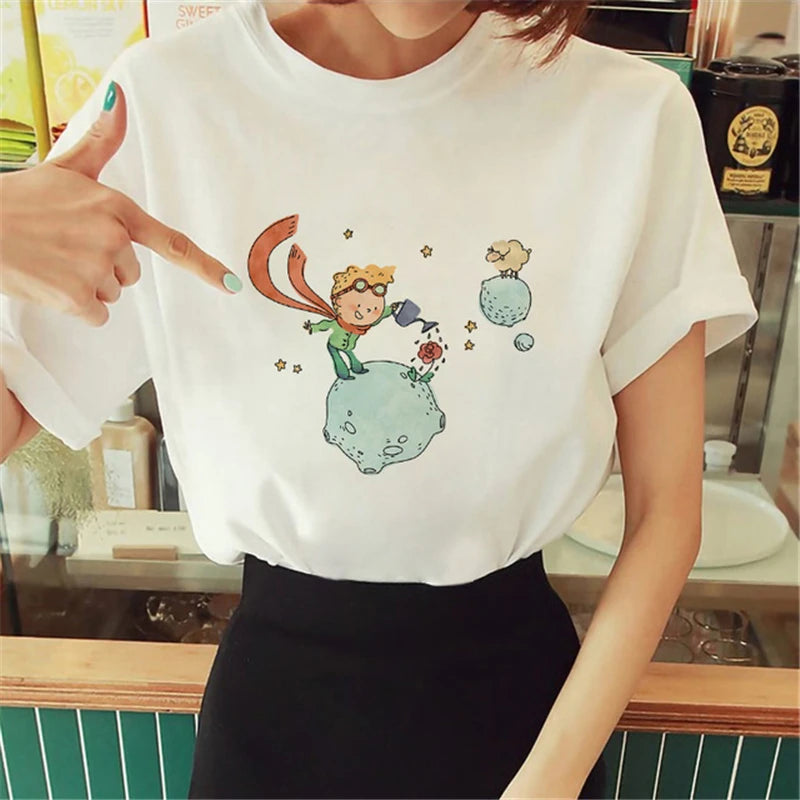 Cartoon T-shirt Anime Printed Pattern Women's T-shirt Rose Pattern Women's T-shirt Round Neck Short Sleeve