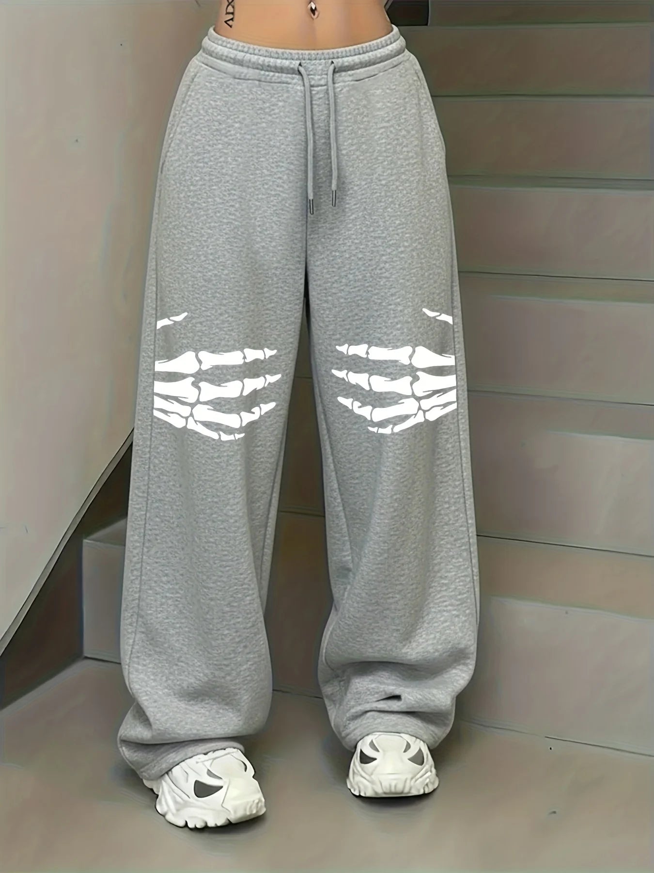 Women's Skull Handprint Print Fleece Sweatpants for Autumn and Winter Warm Casual Loose Stylish and Versatile Streetwear Trendy