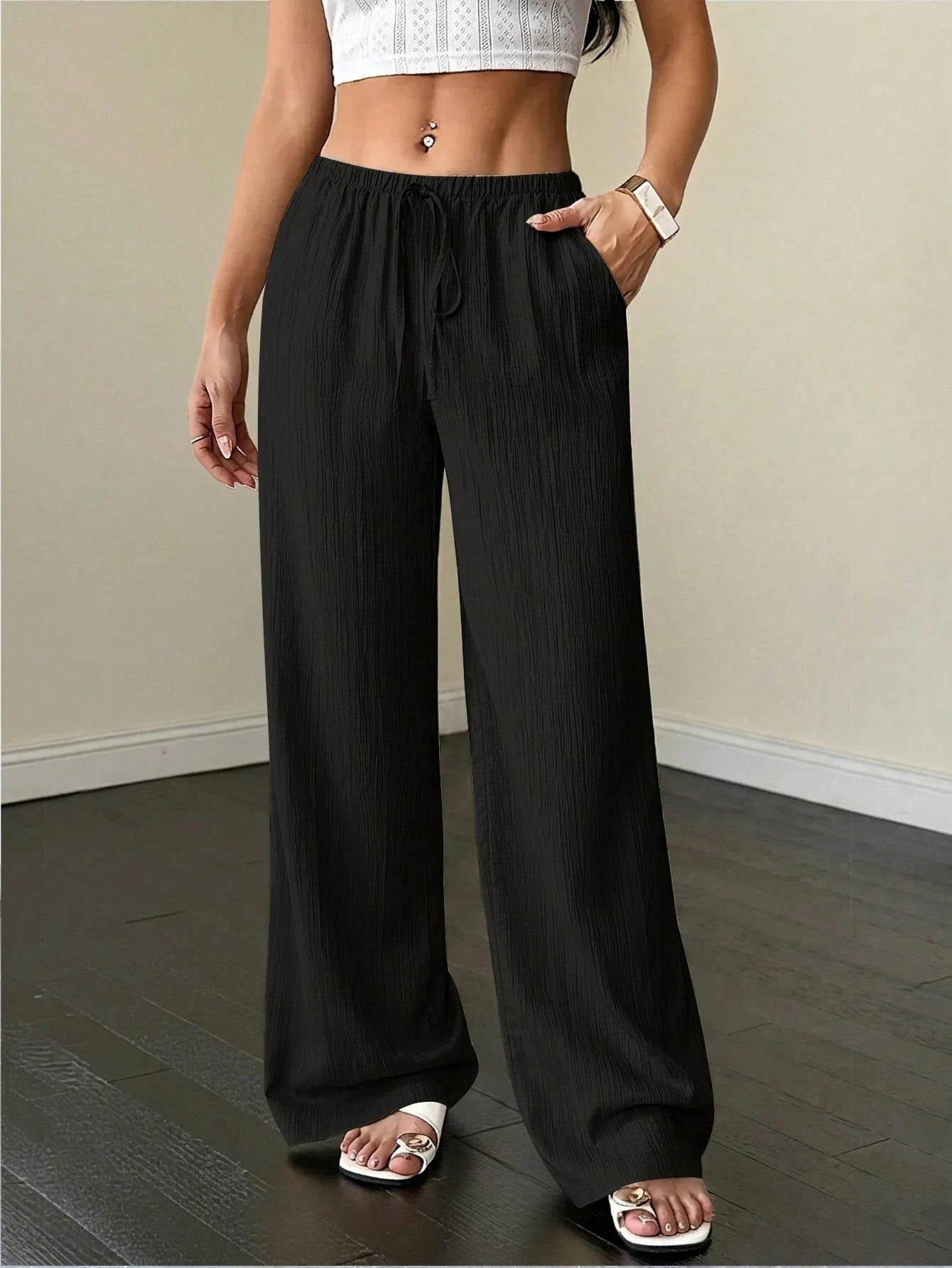 Women Summer Linen Wide Leg Pants Drawstring Elastic Waist Trousers, Casual Vacation Summer Clothing Women Trendy Outfit Bottoms