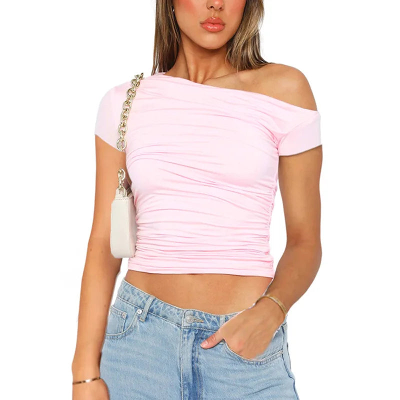 Solid Color High Elasticity Fabric Slash Shoulder Short Sleeve Pleated Navel Reveal Top for Women Casual Shrinkage Top