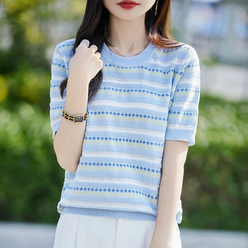 Summer New 100% Cotton Knitted Short-Sleeved Women's Round Neck Color Matching Printed T-Shirt Loose Plus Size Half Sleeve Top
