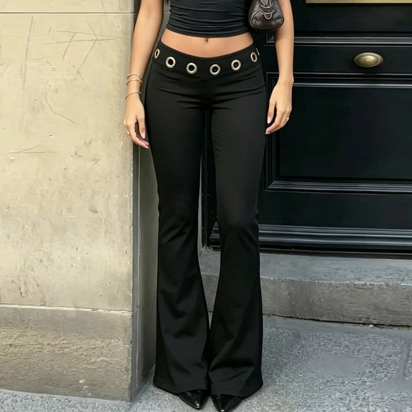 SUCHCUTE Women Low Waist Metal Eyelet Ring Decor Flare Pants Punk Club Streetwear Long Trousers Y2K Slim Bell Bottom Autumn Chic