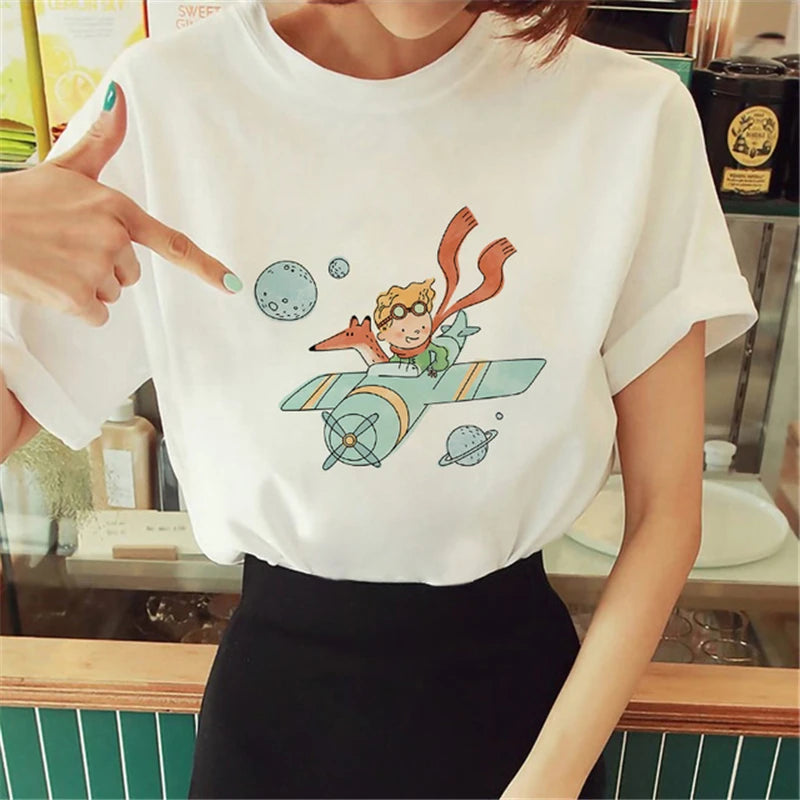 Cartoon T-shirt Anime Printed Pattern Women's T-shirt Rose Pattern Women's T-shirt Round Neck Short Sleeve