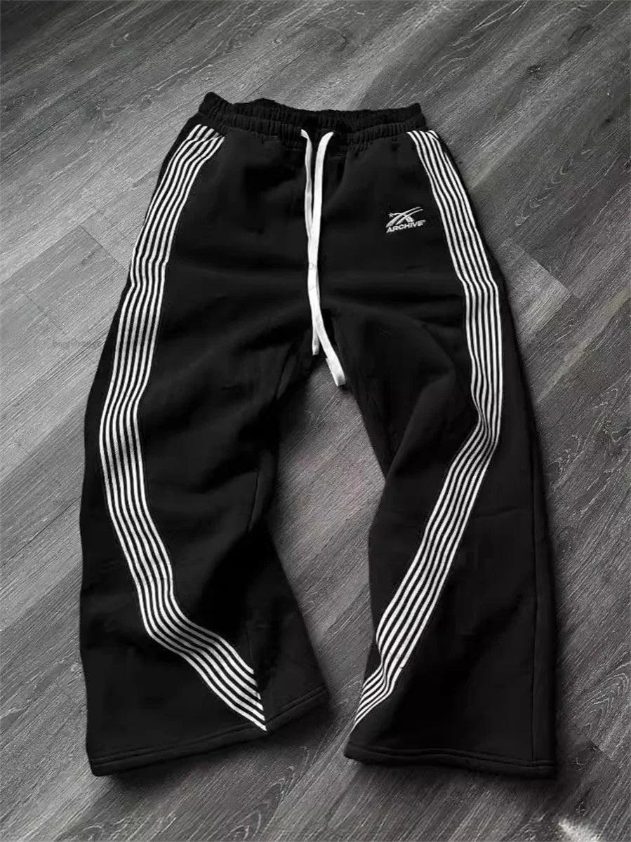 Y2k Baggy Black Hip Hop Pants Women's Drawstring Straight Leg Loose Striped Jogging Harajuku Sweatpants Retro Women's Streetwear