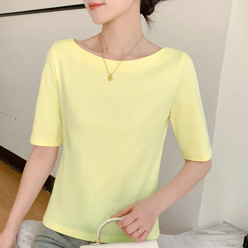 Summer New 100% Cotton Word-Neck T-shirt Women's Short-Sleeved Fashion Bottoming With Solid Color Slimming Top