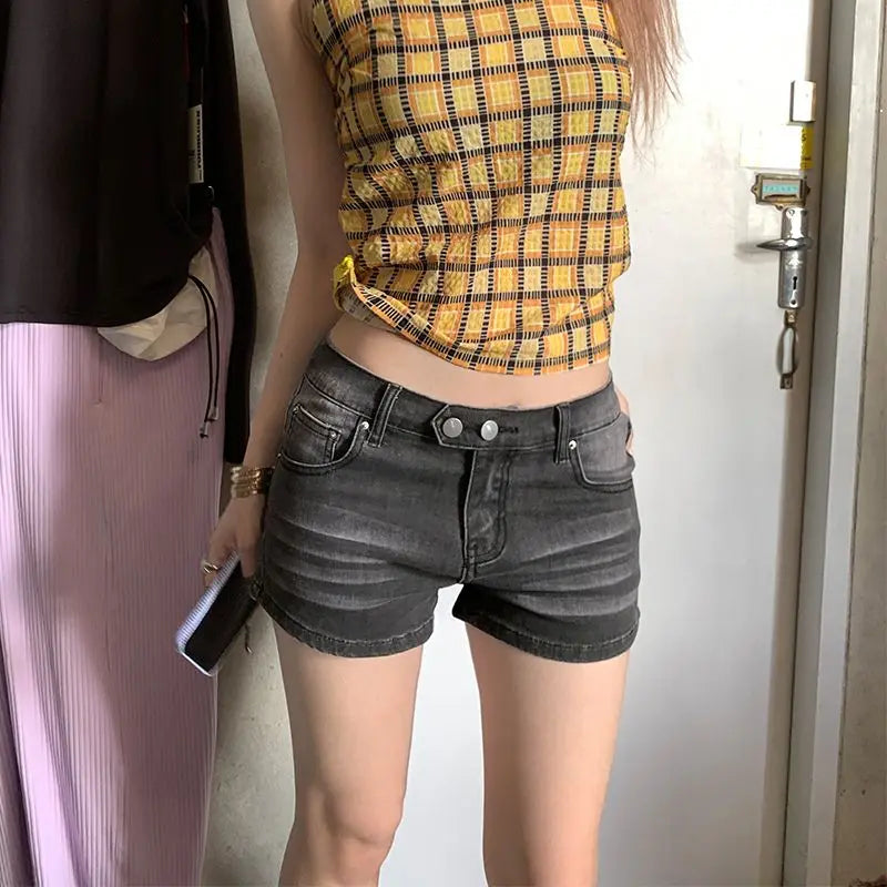 Summer Grey Denim Shorts for Women Low Waist Mini Jeans Shorts 2000s Vintage 90s Y2k Emo Cowboy Short Pants Harajuku Clothes