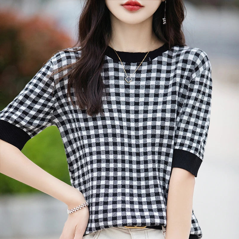Summer New 100% Cotton Knitted Short-Sleeved Women's Round Neck Color Matching Printed T-Shirt Loose Plus Size Half Sleeve Top