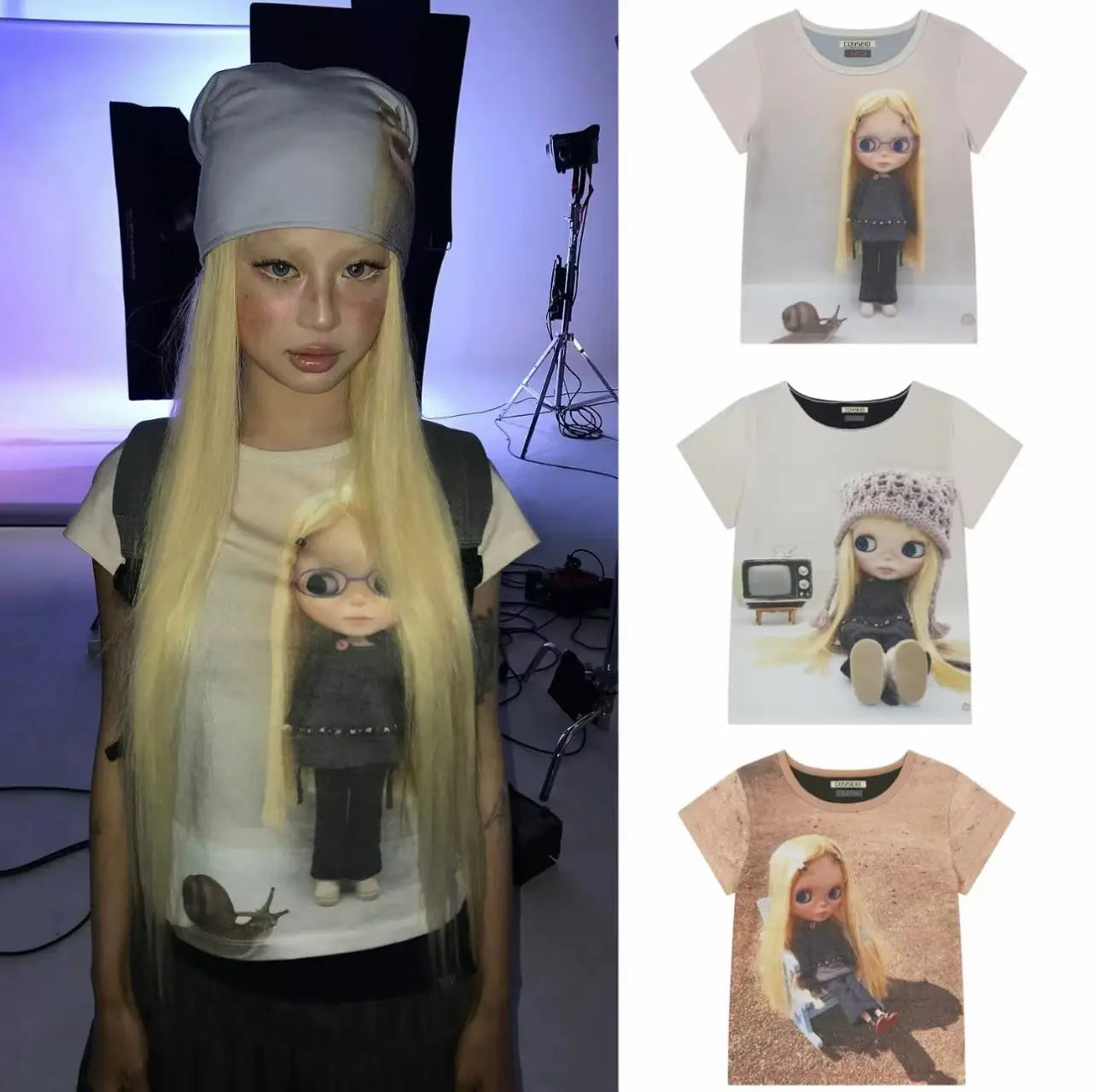 Coyseio Star Printed Short Sleeve Women's New Style Small Cloth Doll Co branded Shoulder Loose T-shirt for Women
