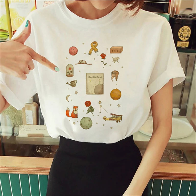Cartoon T-shirt Anime Printed Pattern Women's T-shirt Rose Pattern Women's T-shirt Round Neck Short Sleeve