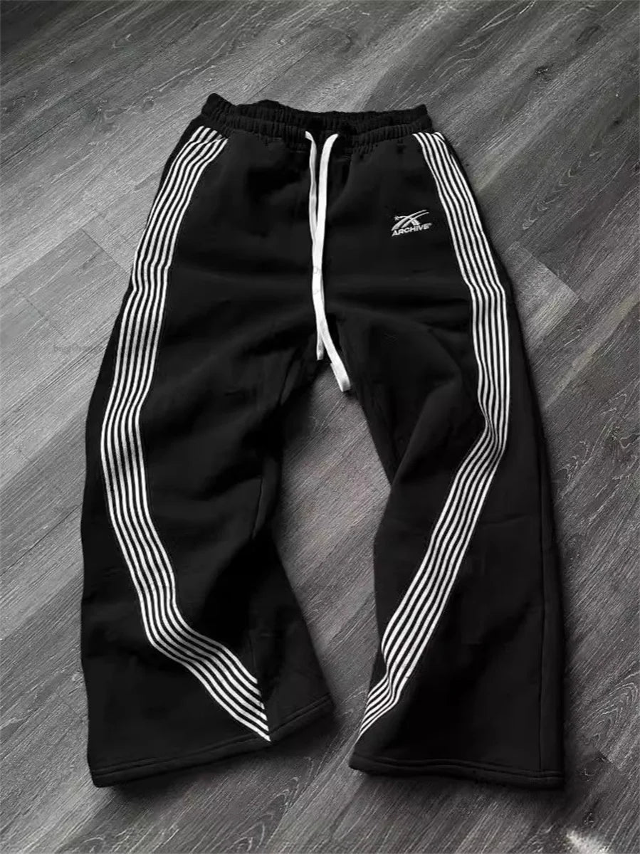Y2k Baggy Black Hip Hop Pants Women's Drawstring Straight Leg Loose Striped Jogging Harajuku Sweatpants Retro Women's Streetwear