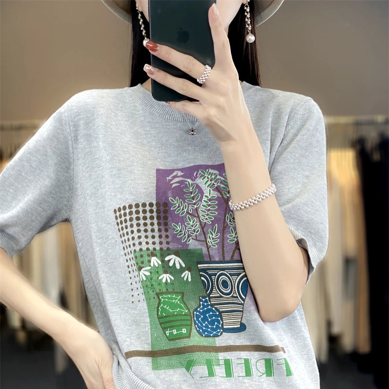 Summer New 100% Cotton Knitted Short-Sleeved Women's Round Neck Color Matching Printed T-Shirt Loose Plus Size Half Sleeve Top