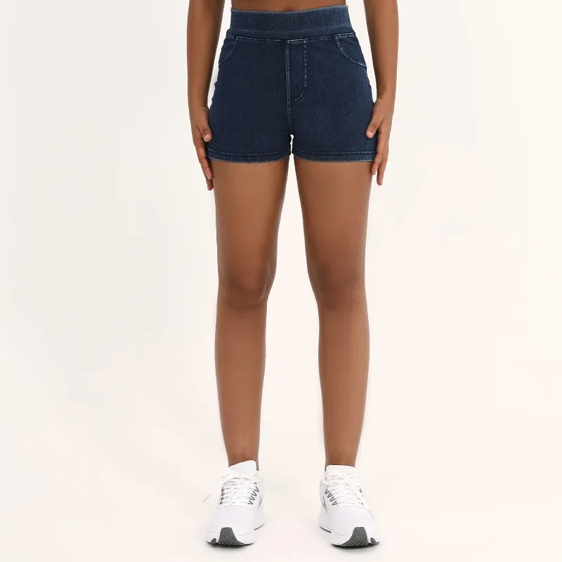 High Waist Dual Pocket Denim Yoga Shorts Women Tight Workout Shorts Gym Fitness Stretchy Shorts Outdoor Sports Wear