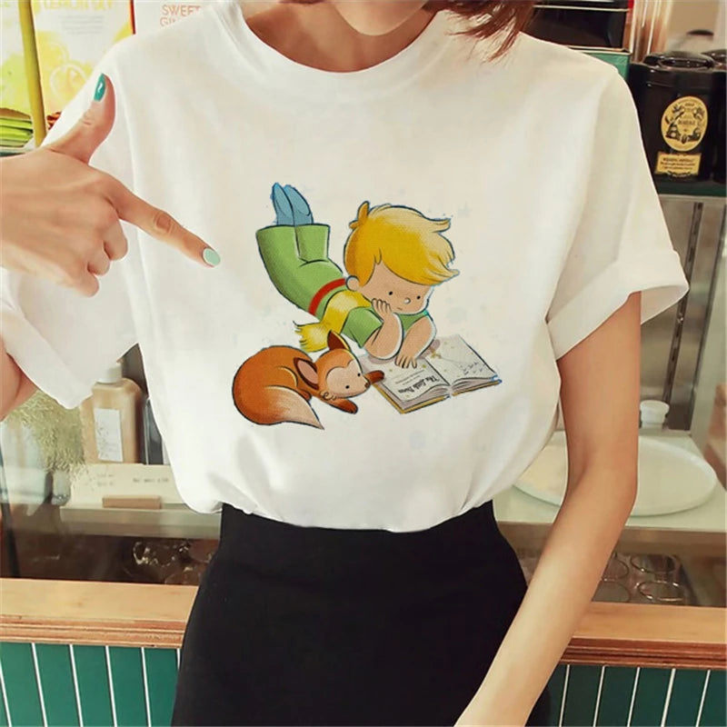 Cartoon T-shirt Anime Printed Pattern Women's T-shirt Rose Pattern Women's T-shirt Round Neck Short Sleeve