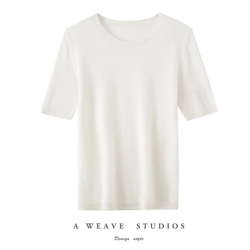 Summer New Short-Sleeved Round Neck Knitting Sweater Women's Ice Silk Thin Casual Wool T-Shirt Loose Temperament Top