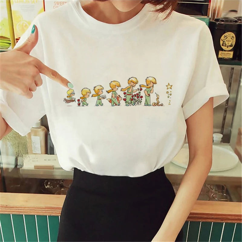 Cartoon T-shirt Anime Printed Pattern Women's T-shirt Rose Pattern Women's T-shirt Round Neck Short Sleeve