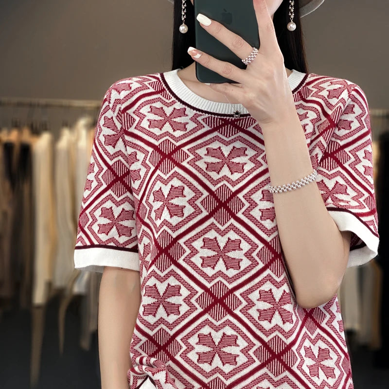 Summer New 100% Cotton Knitted Short-Sleeved Women's Round Neck Color Matching Printed T-Shirt Loose Plus Size Half Sleeve Top