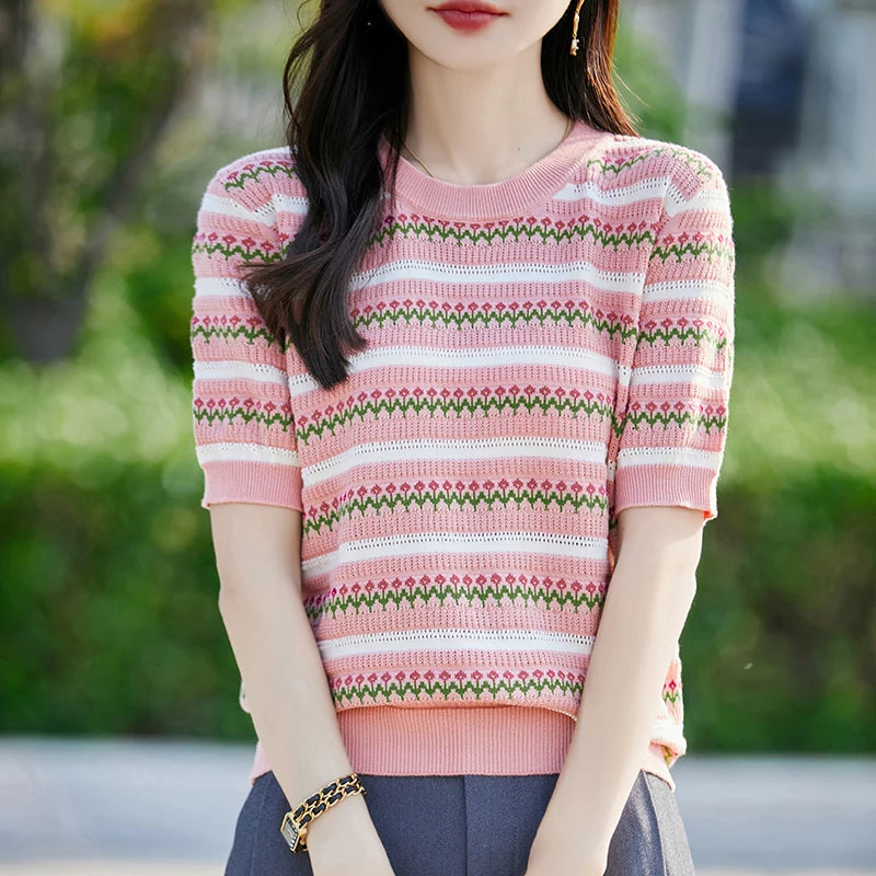 Summer New 100% Cotton Knitted Short-Sleeved Women's Round Neck Color Matching Printed T-Shirt Loose Plus Size Half Sleeve Top