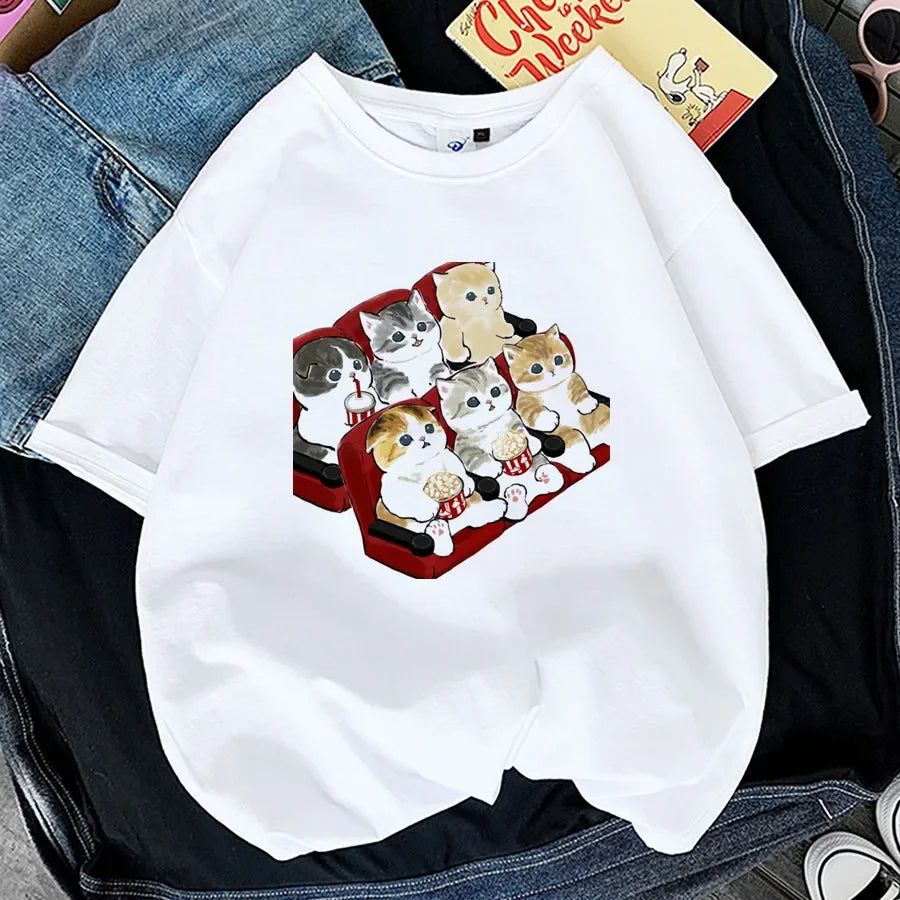 Tops Woman 2024 T Shirt Kawaii Cat Shark Print T-shirt Summer Korean Harajuku Fashion Short Sleeve Tee Funny Animal Graphic Tee
