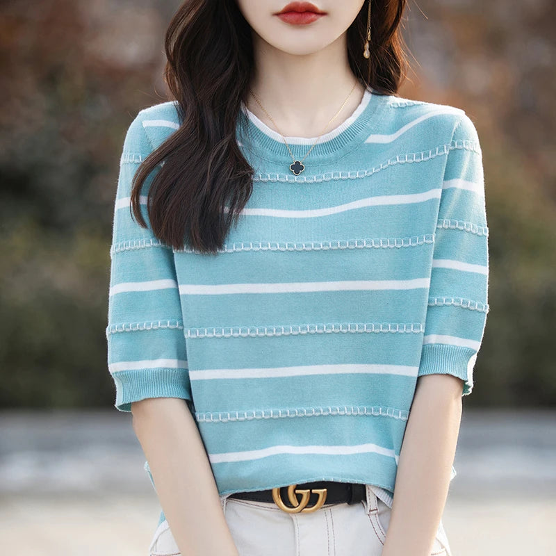 Summer New 100% Cotton Knitted Short-Sleeved Women's Round Neck Color Matching Printed T-Shirt Loose Plus Size Half Sleeve Top