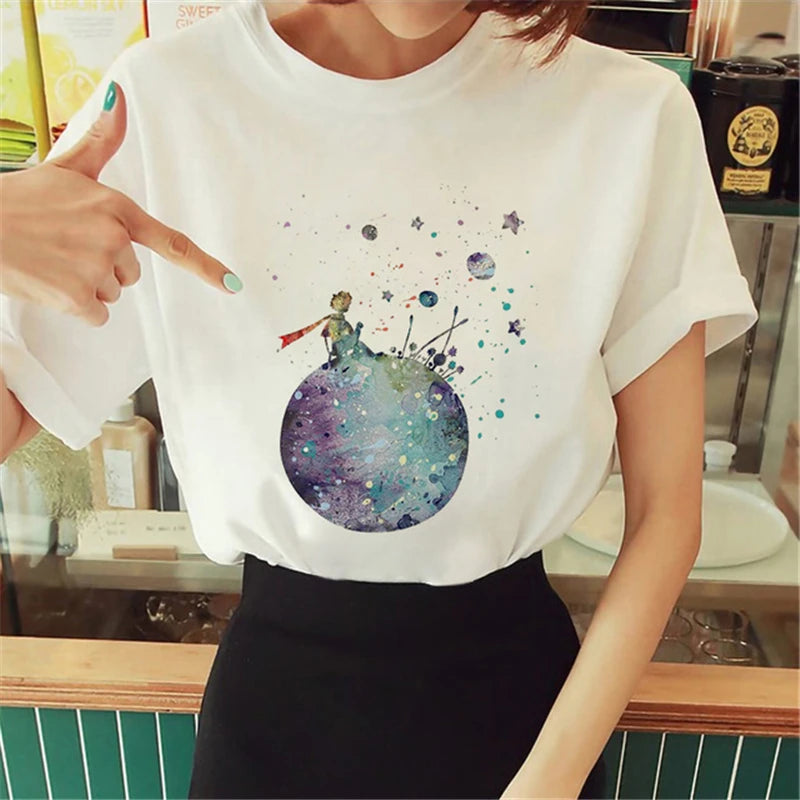 Cartoon T-shirt Anime Printed Pattern Women's T-shirt Rose Pattern Women's T-shirt Round Neck Short Sleeve