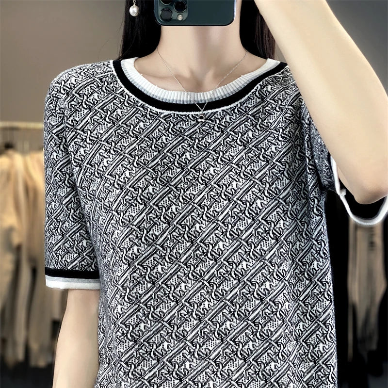 Summer New 100% Cotton Knitted Short-Sleeved Women's Round Neck Color Matching Printed T-Shirt Loose Plus Size Half Sleeve Top