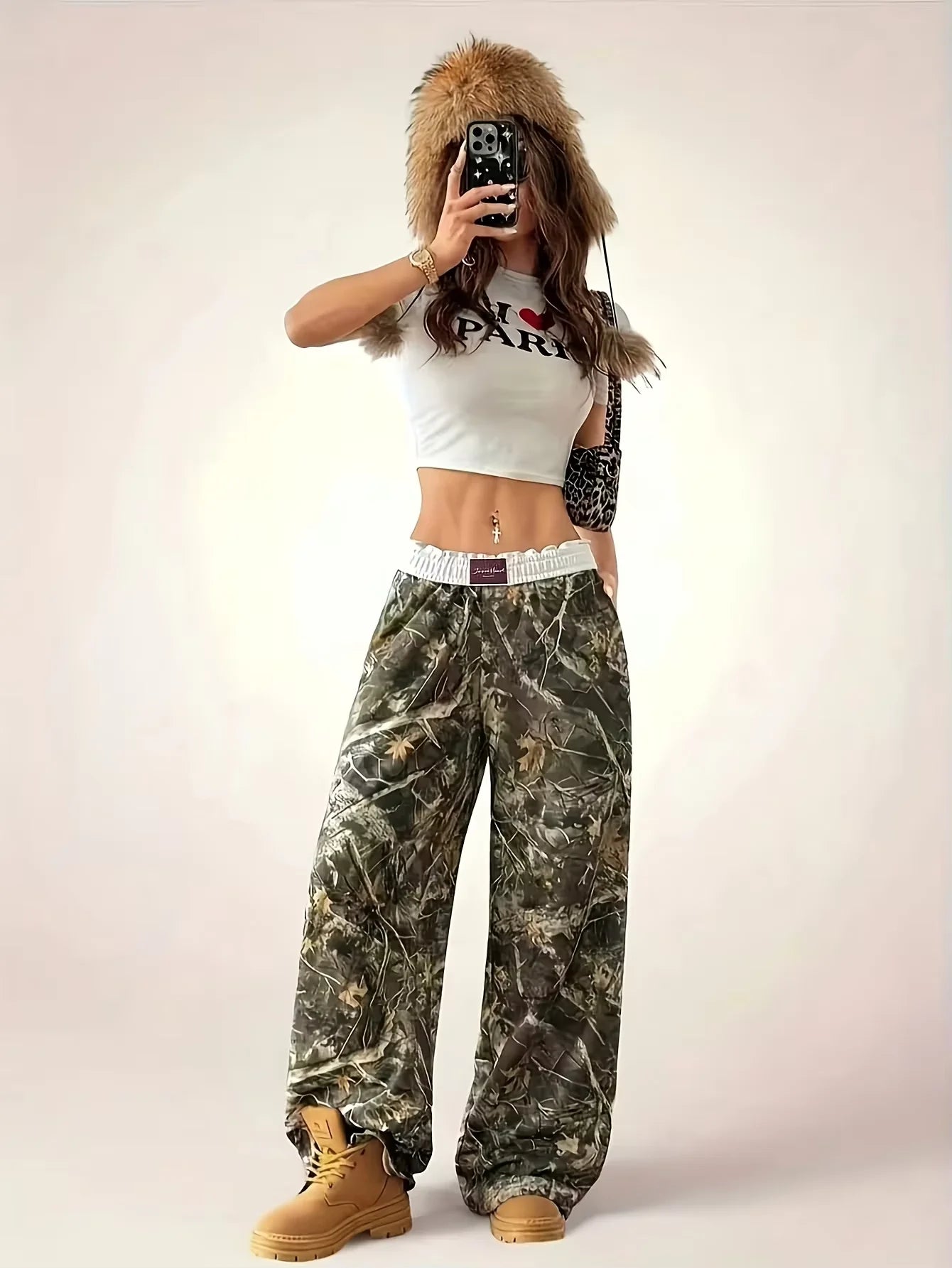 Ladies Casual Camouflage Print Wide-Leg Pants Comfortable Daily Travel Trousers Loose Fit High Waist