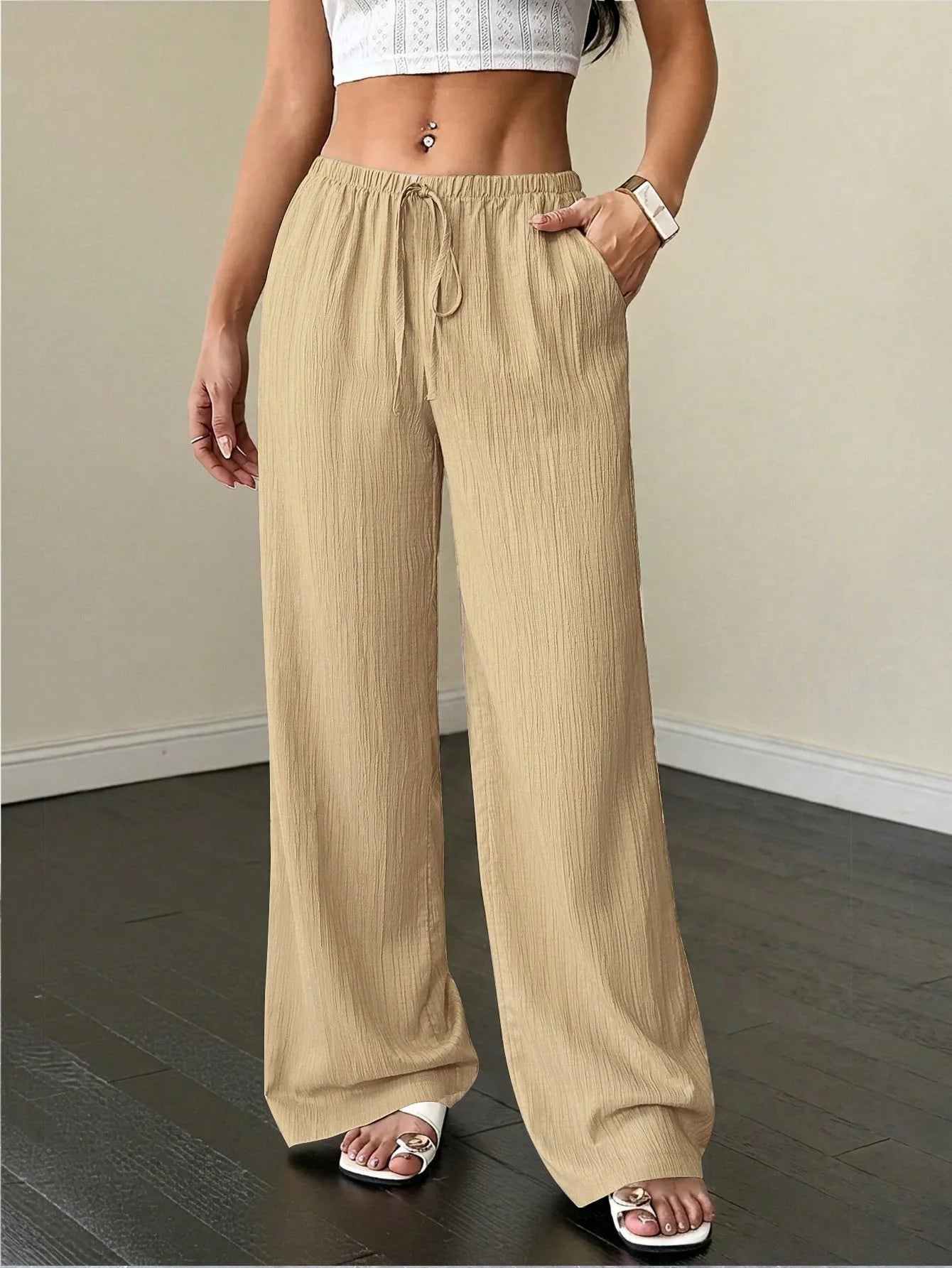 Women Summer Linen Wide Leg Pants Drawstring Elastic Waist Trousers, Casual Vacation Summer Clothing Women Trendy Outfit Bottoms