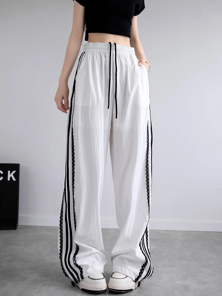Korean Lace Patchwork Women's Trousers, Side Stripe Webbing Wide-Leg Pants, Casual Baggy Sweatpants, Women's Pants Trend 2026