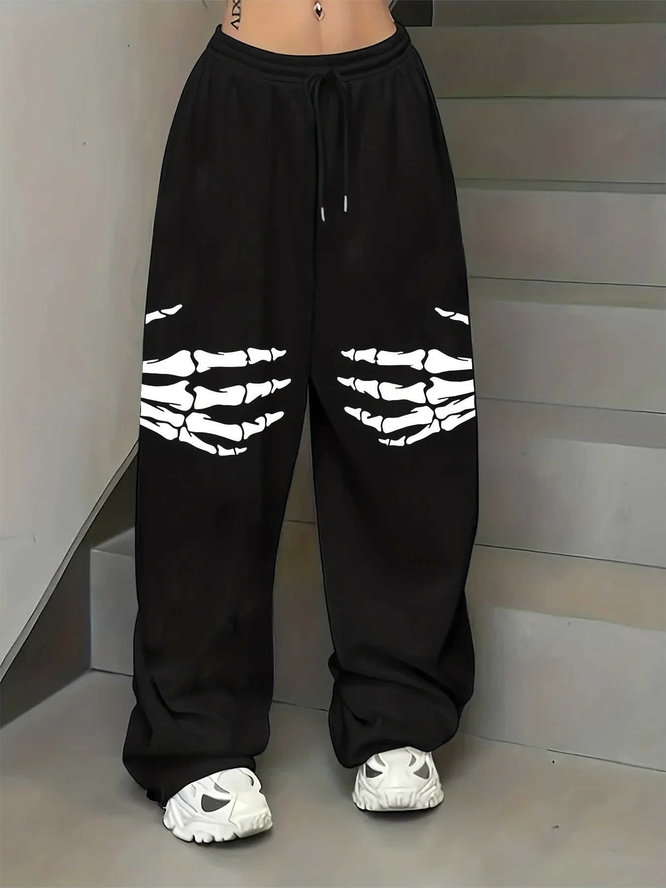 Women's Skull Handprint Print Fleece Sweatpants for Autumn and Winter Warm Casual Loose Stylish and Versatile Streetwear Trendy