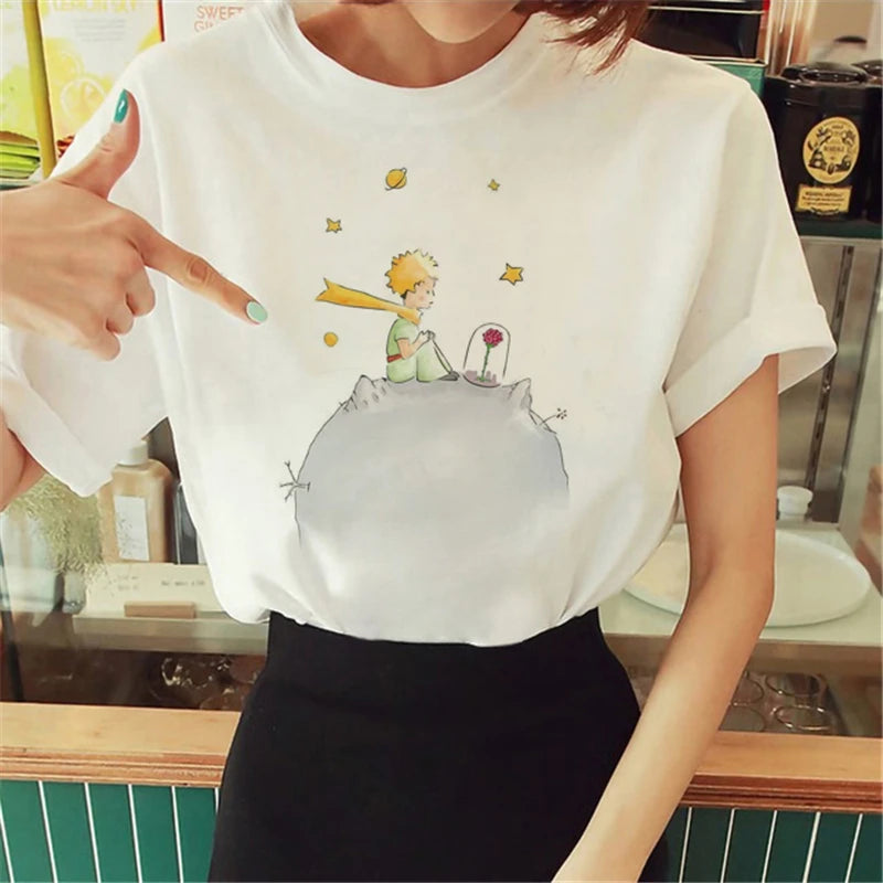 Cartoon T-shirt Anime Printed Pattern Women's T-shirt Rose Pattern Women's T-shirt Round Neck Short Sleeve