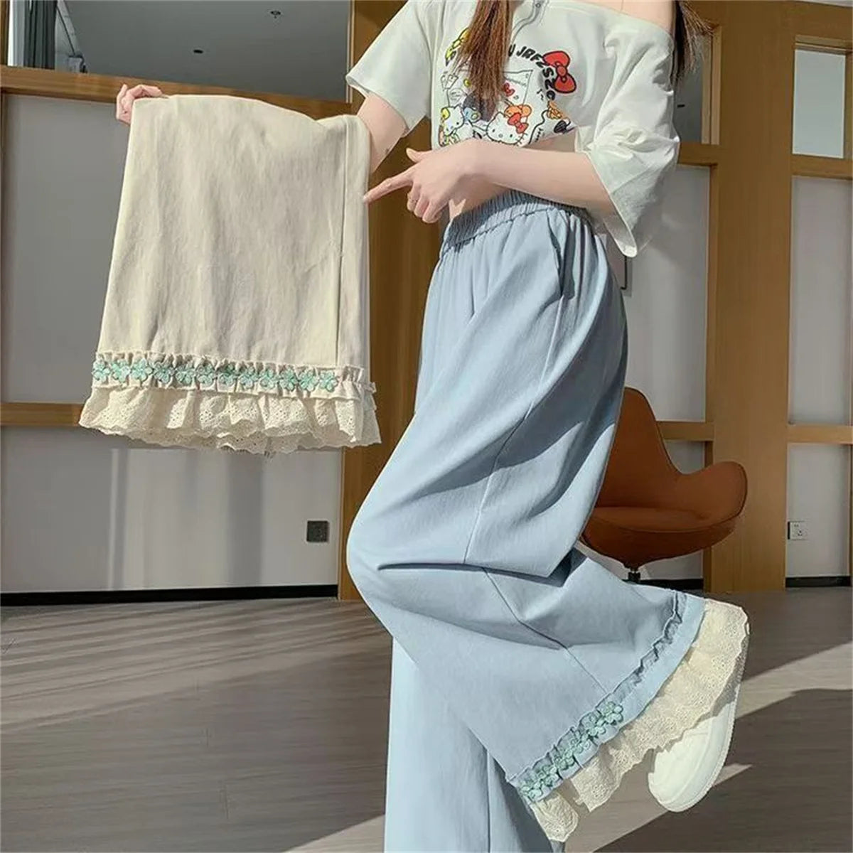 Korean New Fashion Summer Women Trousers Layered Lace Patchwork Elastic Waist Loose Soft Ruffle Ankle-Length Pants Cute