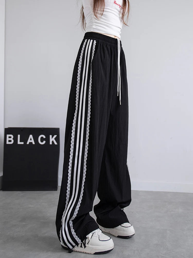 Korean Lace Patchwork Women's Trousers, Side Stripe Webbing Wide-Leg Pants, Casual Baggy Sweatpants, Women's Pants Trend 2026