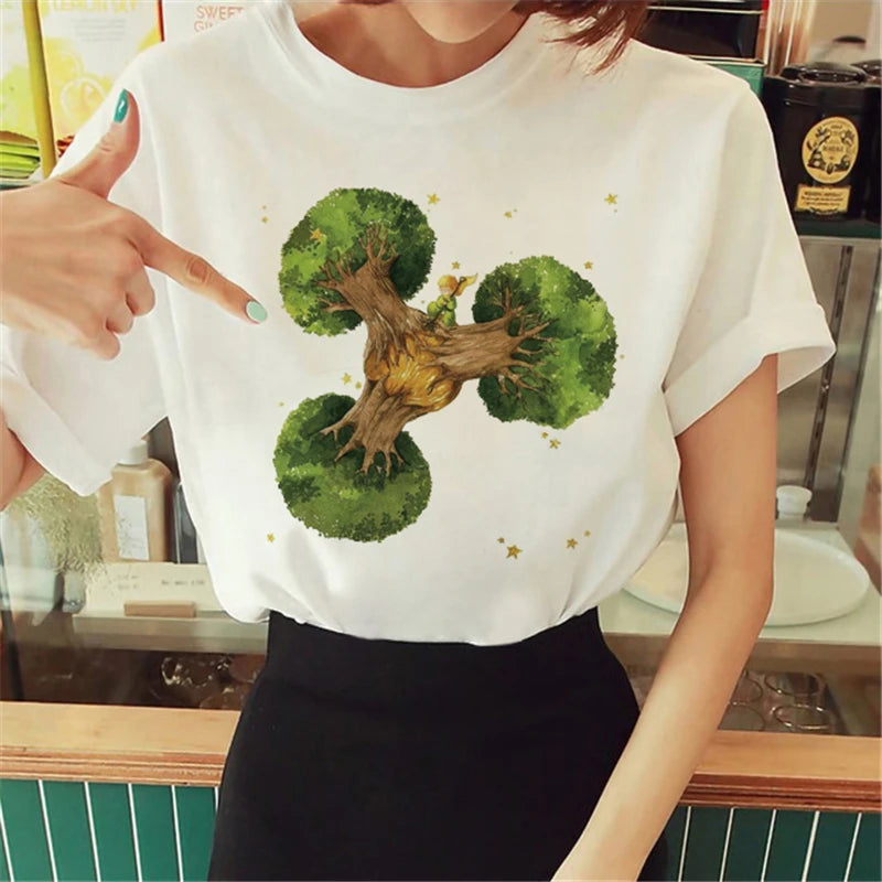 Cartoon T-shirt Anime Printed Pattern Women's T-shirt Rose Pattern Women's T-shirt Round Neck Short Sleeve