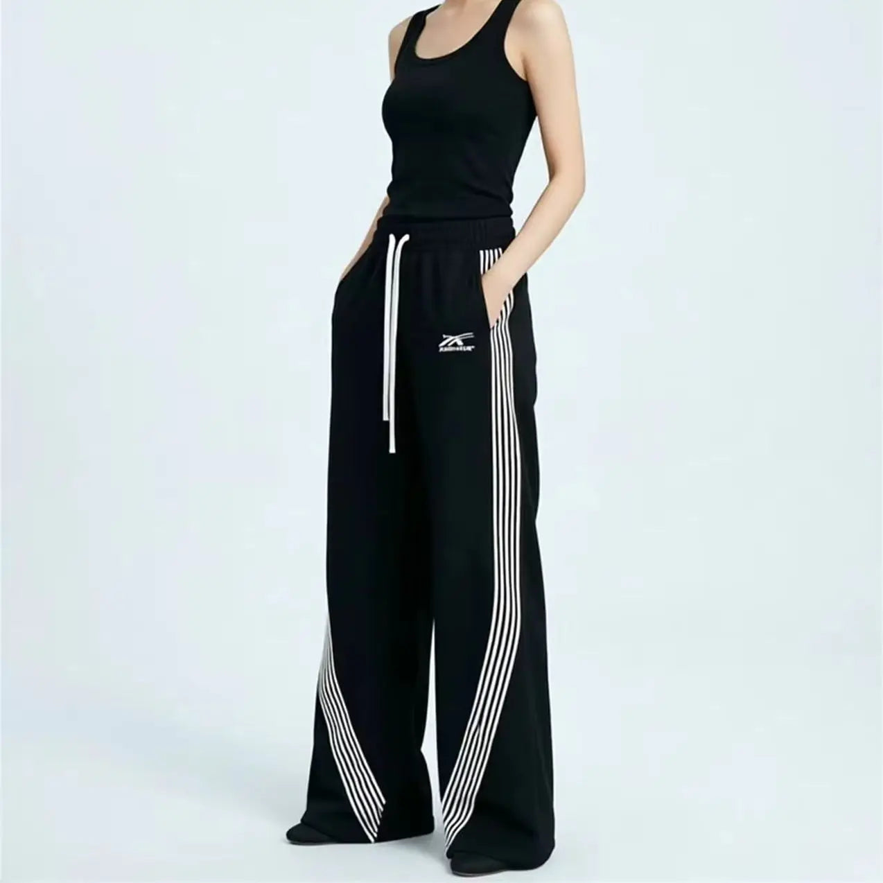 Y2k Baggy Black Hip Hop Pants Women's Drawstring Straight Leg Loose Striped Jogging Harajuku Sweatpants Retro Women's Streetwear