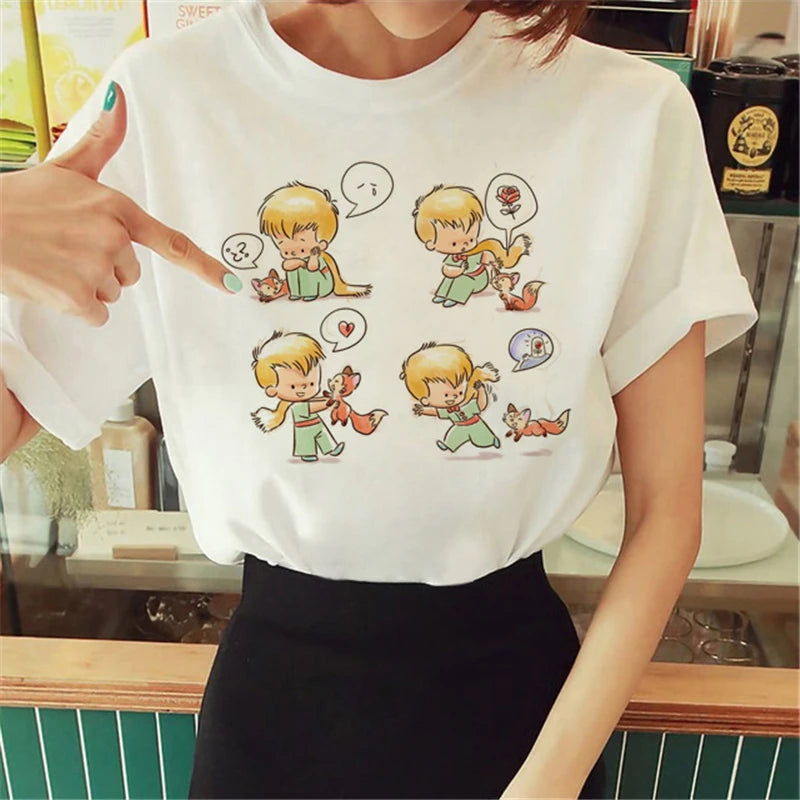 Cartoon T-shirt Anime Printed Pattern Women's T-shirt Rose Pattern Women's T-shirt Round Neck Short Sleeve